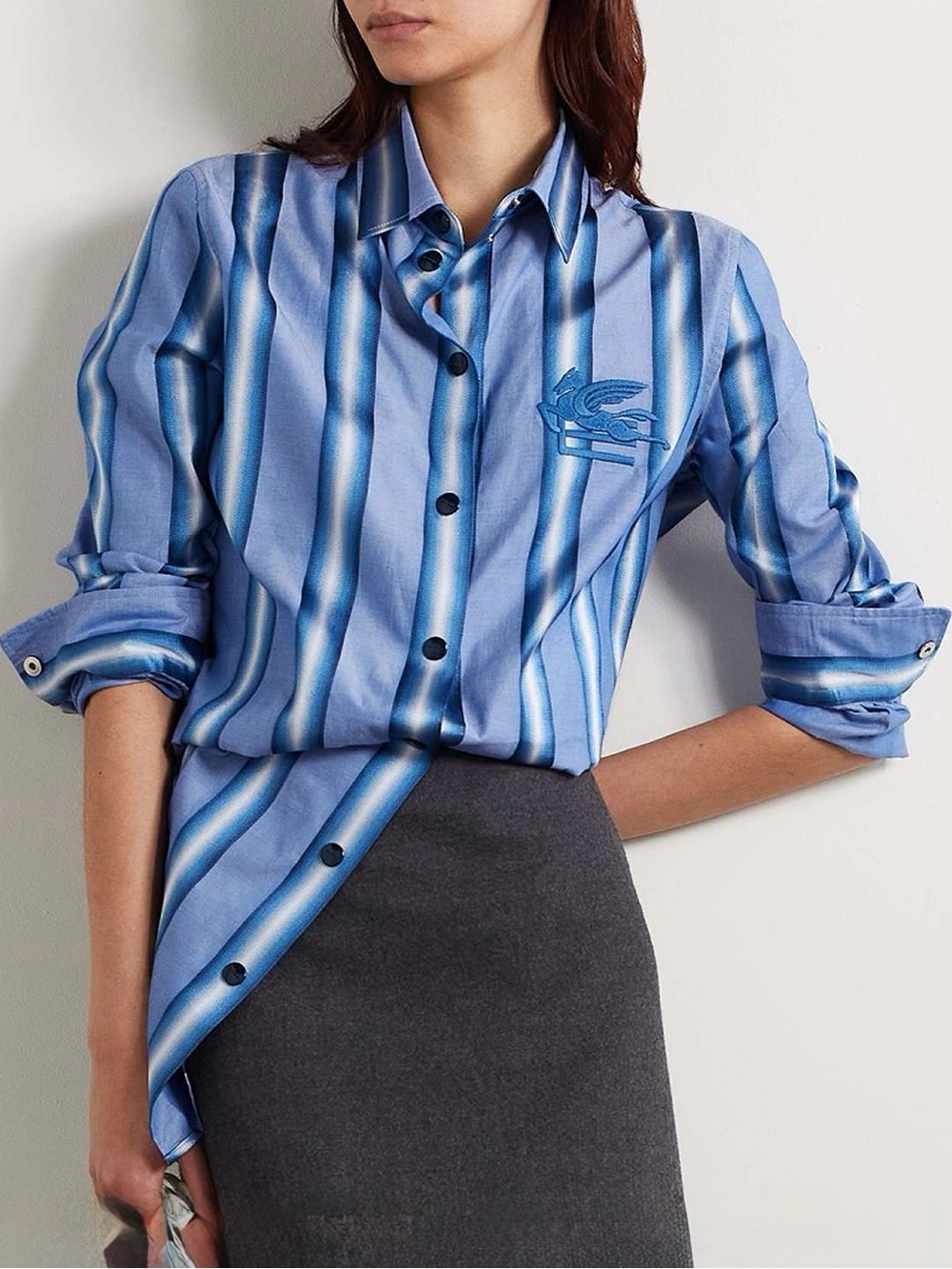 Etro striped cotton and silk shirt in blue with Pegasus detail